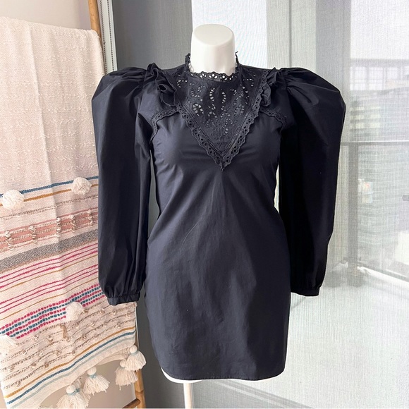 Zara Black Long Poplin Puff Sleeves Mini Dress Women’s Size XL Bloggers Favorite - Picture 2 of 12